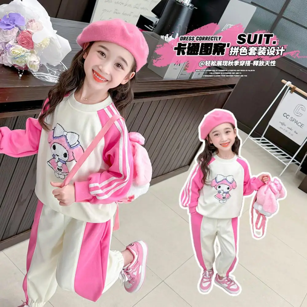 Sanrios Kawaii Kuromi My Melody Girls Kids Hoodie Tops Pants Suit Anime Student Spring Cartoon Sweet Cotton Cute Pullover Hoodie