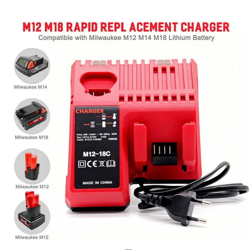 Reemplace el cargador de iones de litio rápido 3A 12V 14V 18V apto para batería de iones de litio multitensión de doble puerto Milwaukee M12-18C M18
