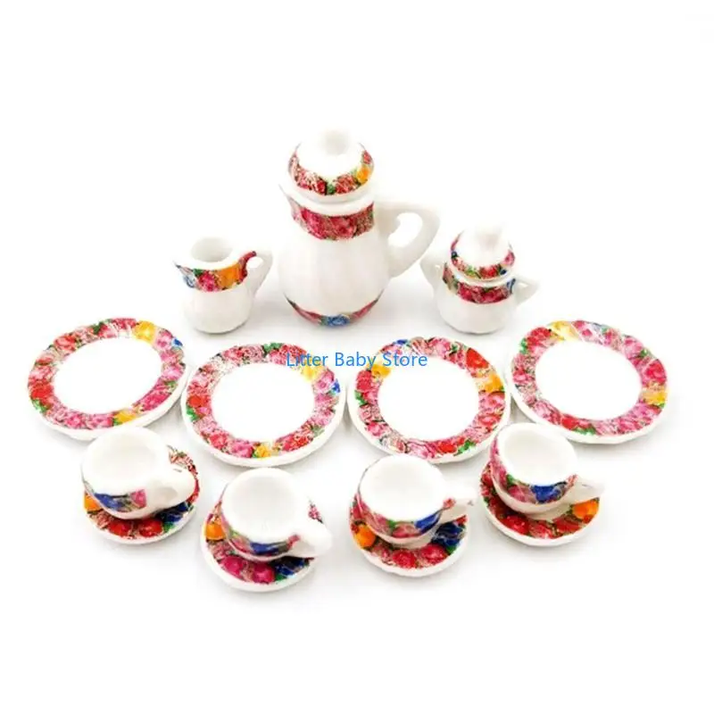 N80C Simulation Mini l'après-midi tasse à thé ensemble 15pcs Modèle Modèle Dollhouse Ornement Kitchen Tea Ware Toy Pretend for G