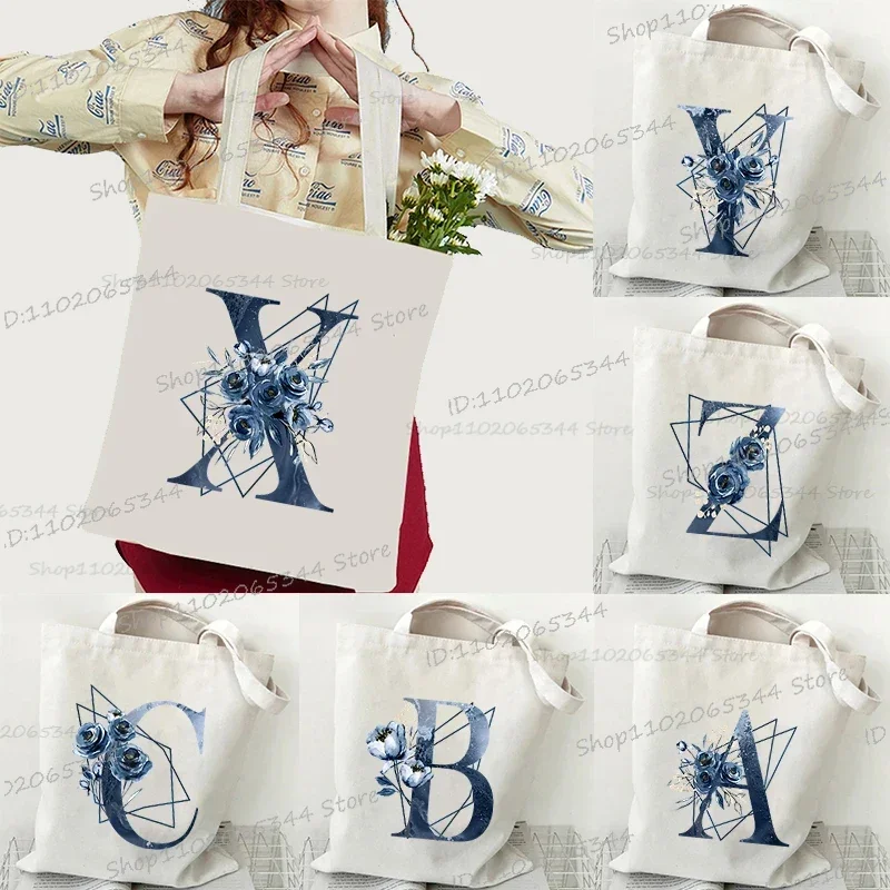 Creative Blue Rose Alphabet ABCDEF..Canvas Tote Bag Women Surname First Letter Design Beach Shopping Bags Floral Women Handbags