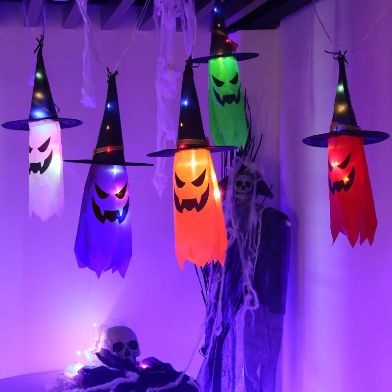 Y2K 45-80CM LED Halloween Decoration Flash Light Gypsophila Ghost Festival Dress Up Glowing Wizard Ghost Hat Lamp Hanging Decor