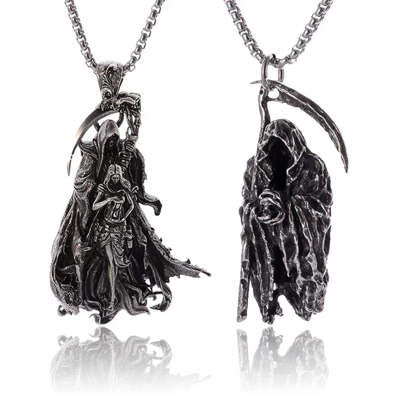 Inferno morte foice colar pingente gótico misterioso diabo colar personalidade masculina punk retro halloween tendência jóias