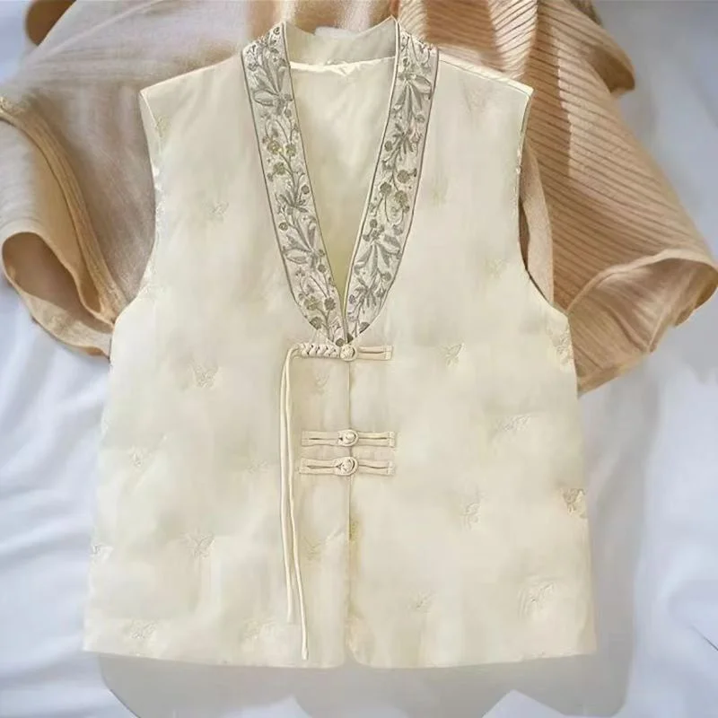 새로운 중국어 v-목 수 놓은 솔리드 컬러 느슨한 따뜻한 면화 조끼 여성 가을 ​​겨울 새로운 패딩 양복 조끼 코트