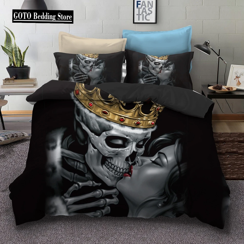 

Couples Skull Halloween Microfiber Duvet Cover with Pillowcase Beding 3D Kiss Sugar Skulls Comforter Cover King Size Dropship