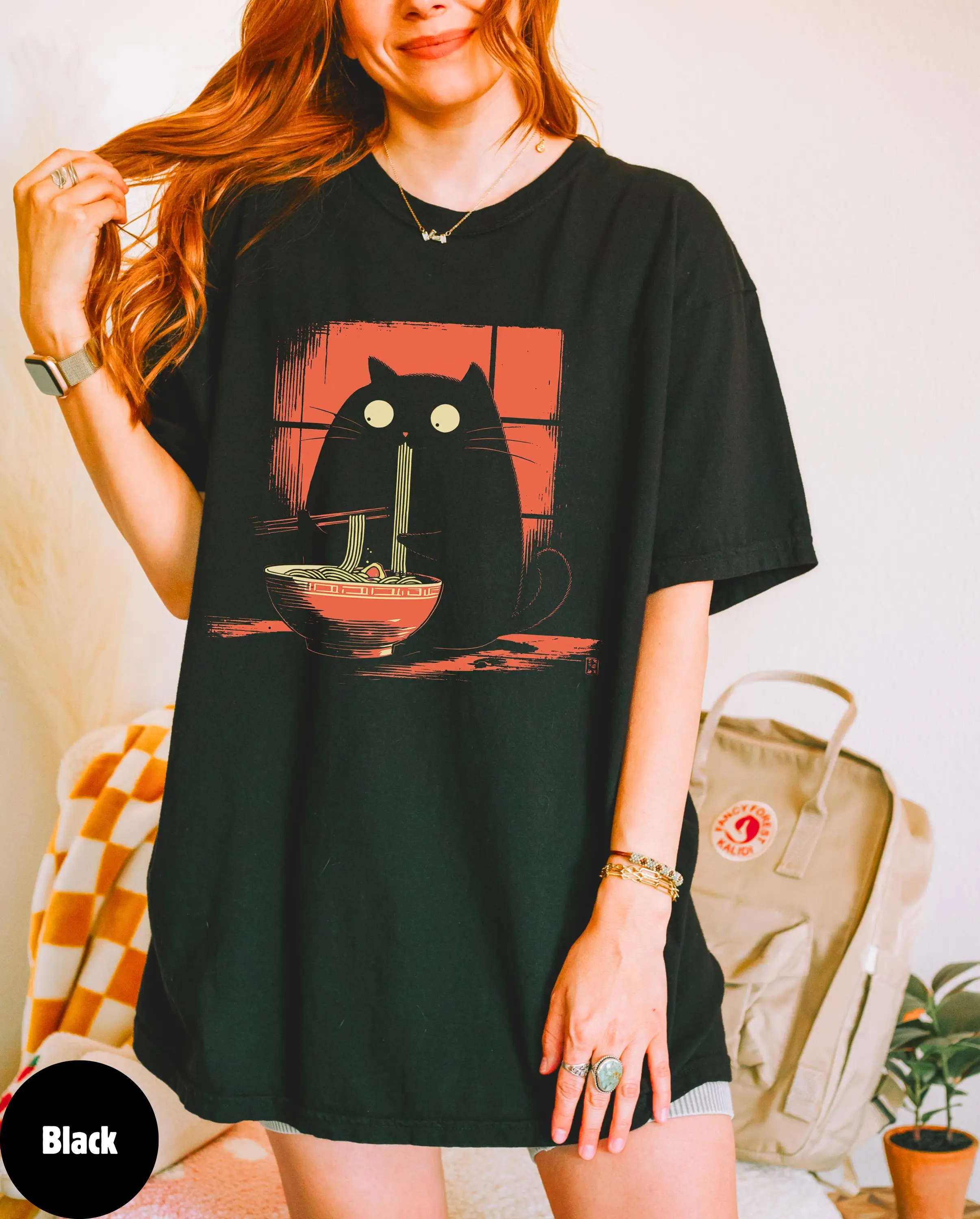 Plus Size Summer Women's Vintage Black Cat Pattern T-Shirt Cotton Breathable Stylish Versatile Street Style Oversized view 2