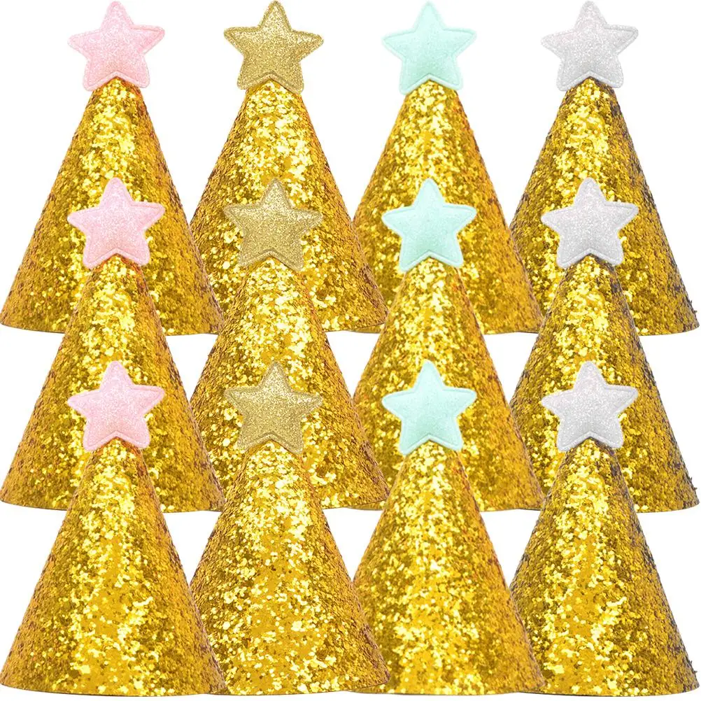 

12 Pcs Birthday Hats for Kids Glitter Conical Caps Lightweight Comfortable Bright Colors Star Shape Festive Party Decorations