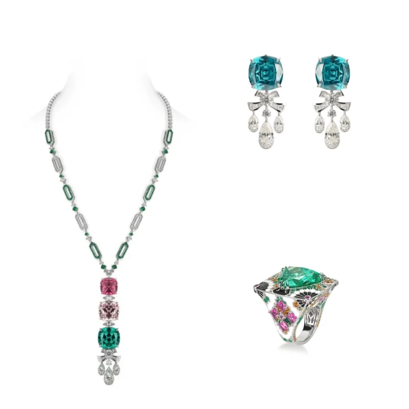 Bellux Fine Jewelry Set Luxury 925 Silver Gold Plated Synthetic Zircon Multicolored Monet Garden Series Necklace Earrings Rings