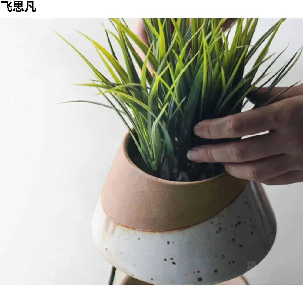 Retro European Aesthetic Ceramic Succulent Planter with Metal Stand Abstract Irregular Flower Pot Vase Tabletop Plant Container