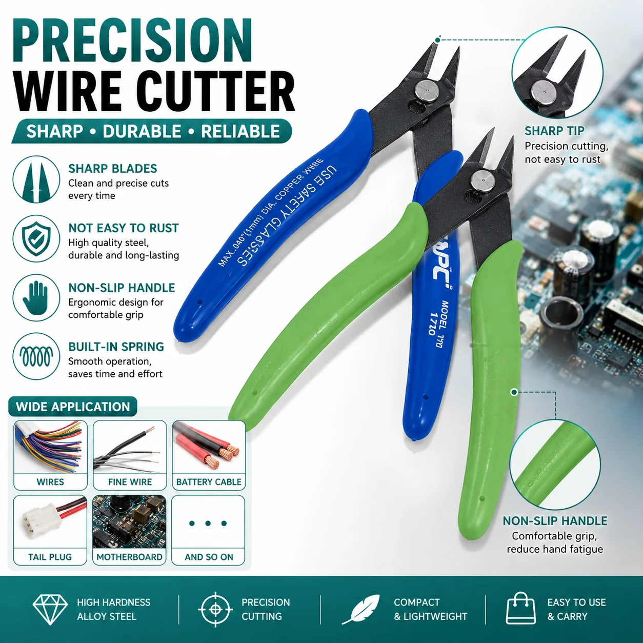 Precision Diagonal Wire Cutter Carbon Steel Flush Cutting Pliers Sharp Jaws Side Snips for Electrical Cable Repair Tool