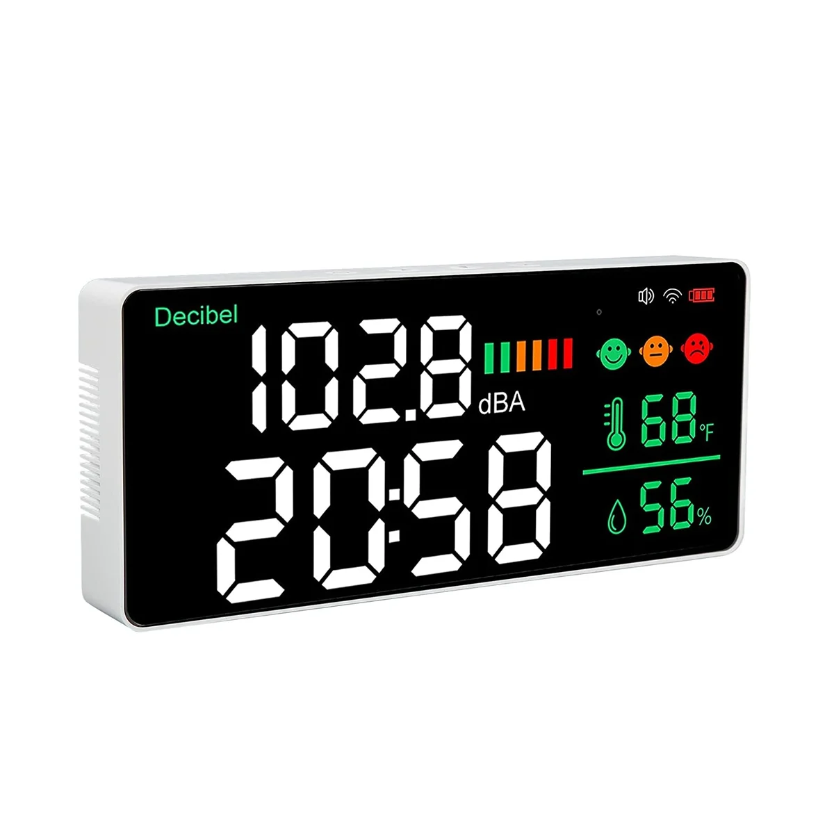 4-In-1 Decibel Meter, WiFi Wall Mounted Sound Level Meter Digital Clock Temperature Humidity Meter, 30-130DBA DB Meter