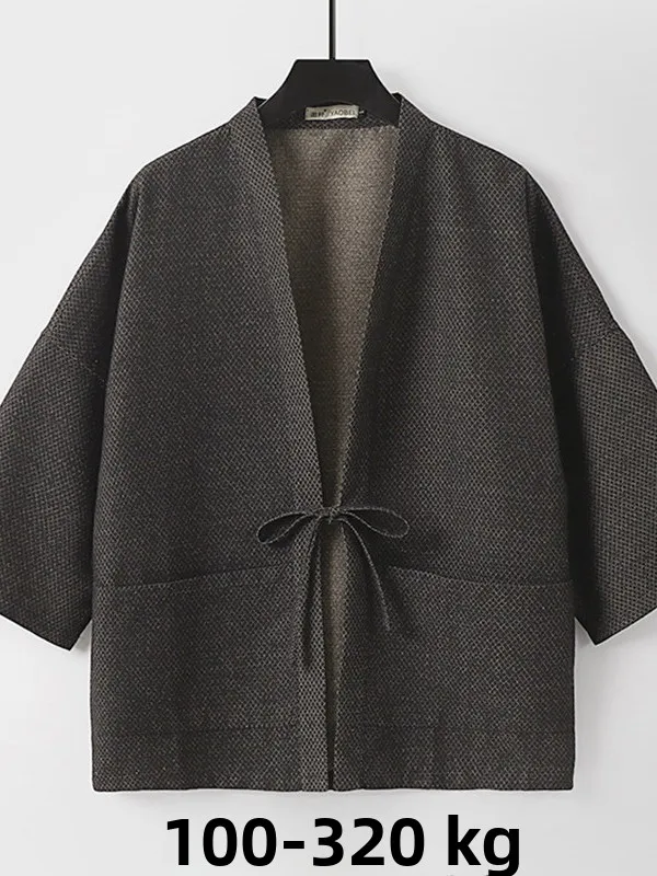 retro-japanese-style-dragon-scale-rhombus-plus-size-men's-open-cardigan-hanfu-jacket-seven-sleeve-double-sided-wear-denim-cotton