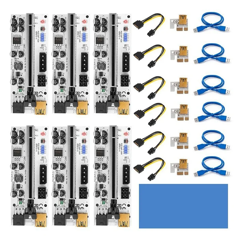 6 Pack VER010-X PCIE Riser 1X To 16X USB3.0 Graphic Extension For BTC GPU Mining Powered Adapter Card With Thermal Pad