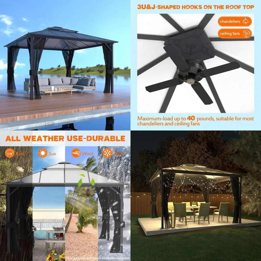 

outdoor gazebo, 12' x 12' polycarbonate hardtop gazebo with iron frame, outdoor double roof patio pavilion with insect netting