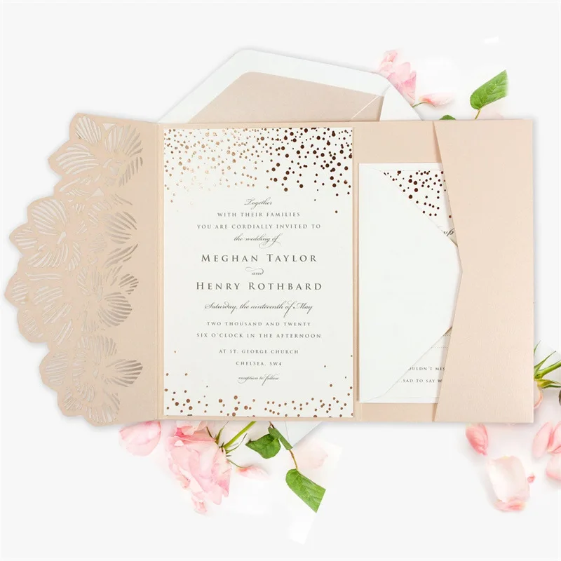 (50 pieces/lot) High-end Pink Innocence Wedding Invitation Card With RSVP Laser Floral Baptism XV Birthday Invitations IC133