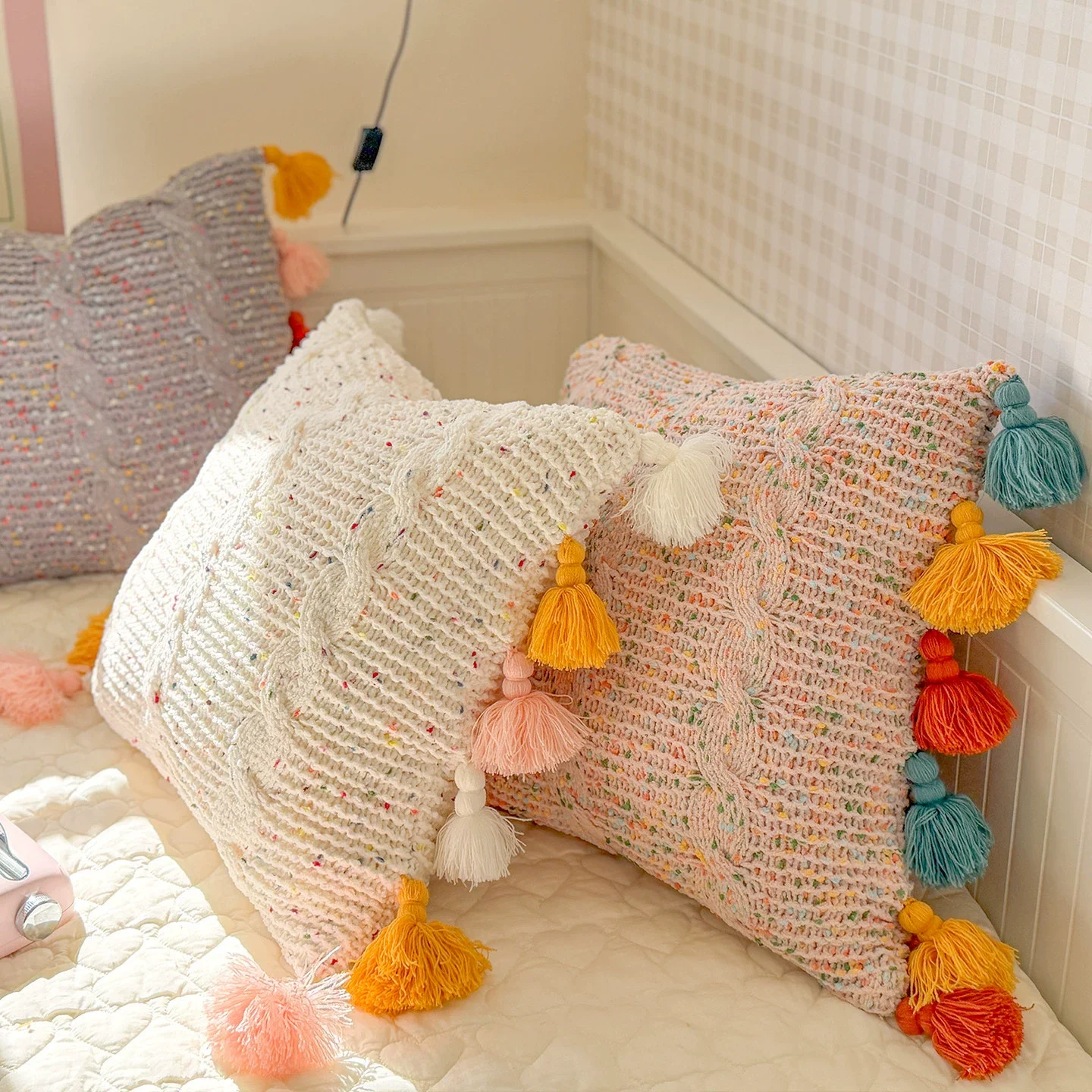 Colorful Cable Knitted Throw Pillow Cover 45x45cm Soft Tassel Decor Cozy Cushion Case for Living Room Bedroom Sofa Couch Bed