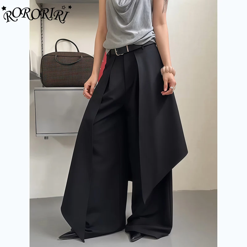 RORORIRI Vrouwen Zwarte Cargo Wijde Pijpen Broek Techwear Koreaanse Lazy Chic Loose Fit Fake Tweedelige Lange Broek Kantoor Outfit