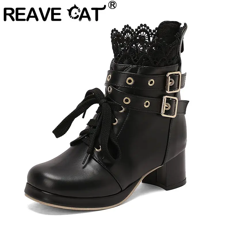

REAVE CAT Sweet Lolita Style Женские ботинки с квадратным носком на блочном каблуке 4 см Платформа 1,5 см Застежка-молния на шнуровке Большой размер 46 47 48 Dating Bota