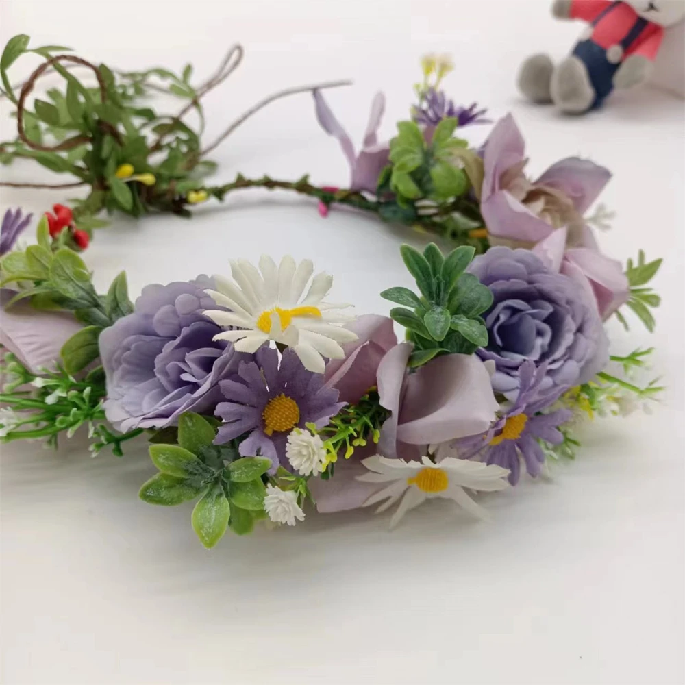 Purple Simulation Flower Wreath Hair Band Bohemian Rose Daisy Crown Hairband Spring Bride Wedding Party Tiara Accessories Decor