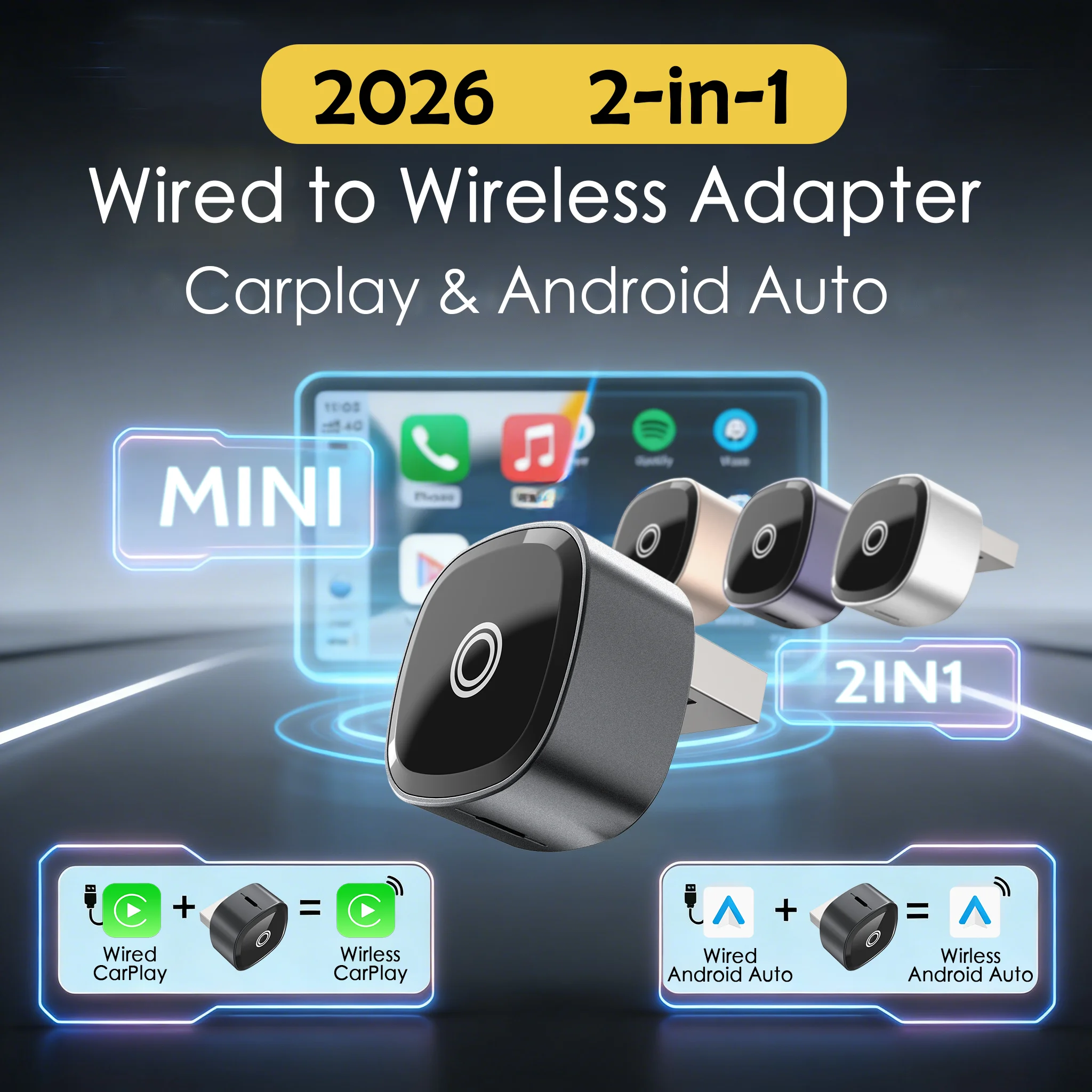 

Original Car Wired to Wireless CarPlay Android Auto Adapter, Plug & Play, Stable Performance, Auto-Reconnect.Support iOS&Android