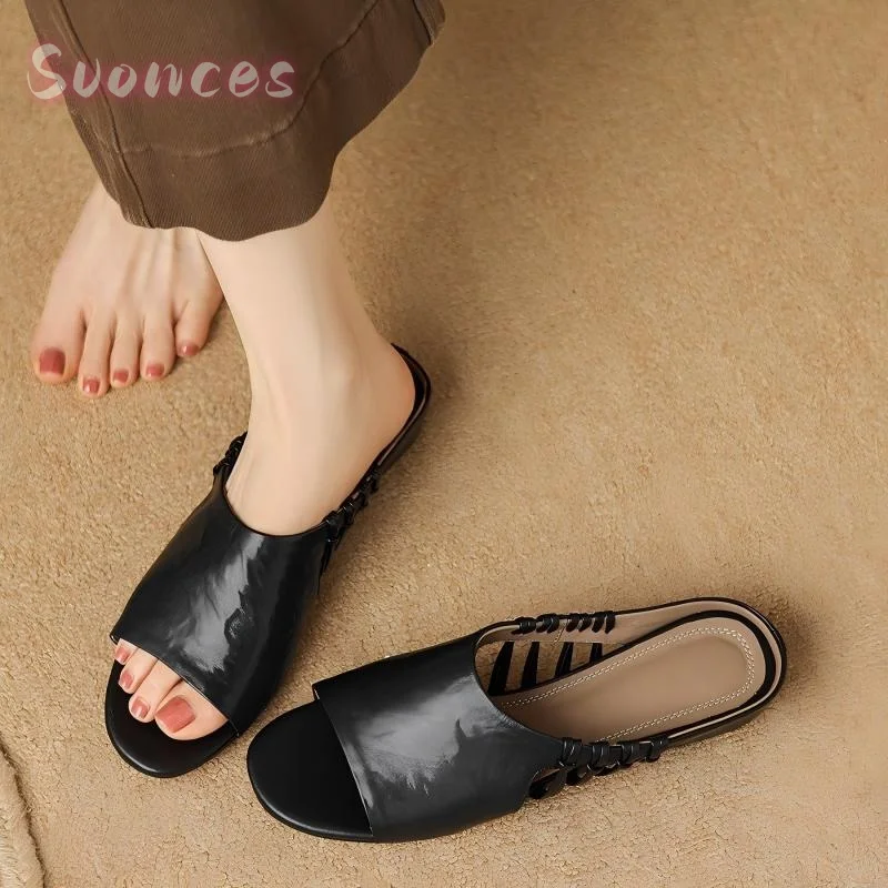 Slip On Flat Slide Slippers Soft Crinkled Leather Upper Side Hand Tied Cutout Strap Lightweight Casual Open Toe Footwear