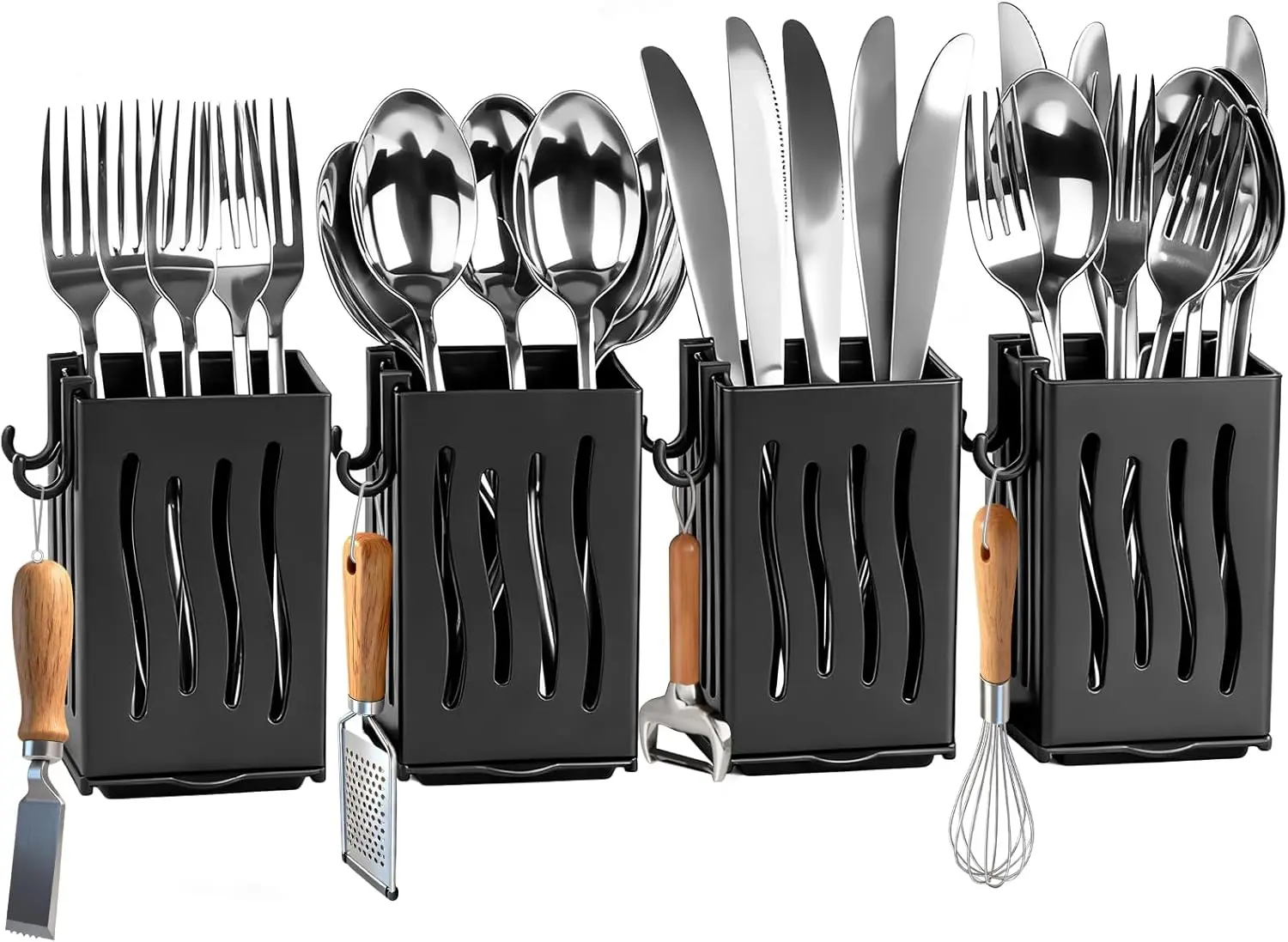 

Wall Mounted Utensil Drying Rack with Drain Tray and Hooks, 4Pcs Plastic Dish Drainer Organizer for Kitchen