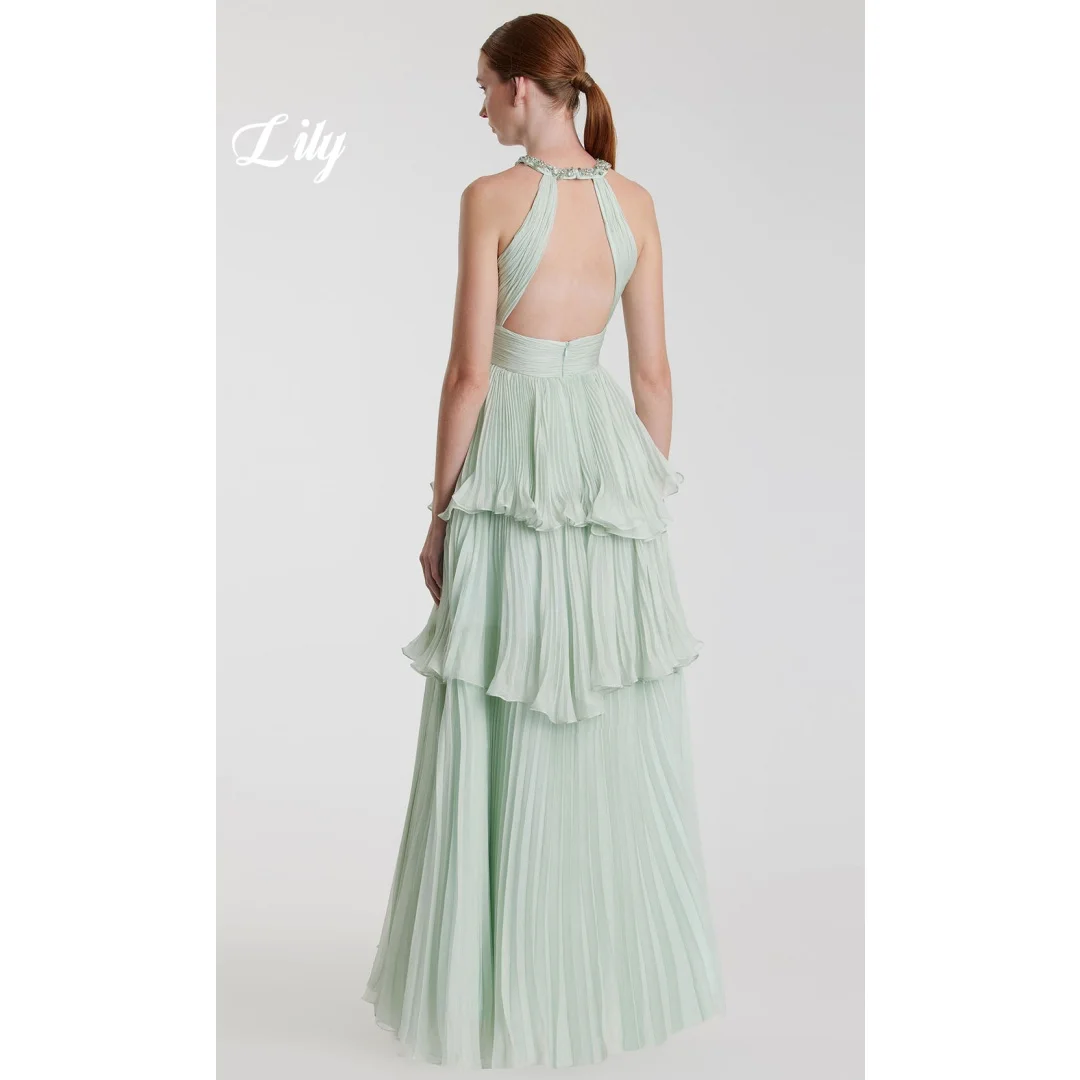Lily Sage Green Halter Evening Dress Beaded Neck with Keyhole Cutout Tiered Pleated Chiffon Formal Prom Dress Colors Customized