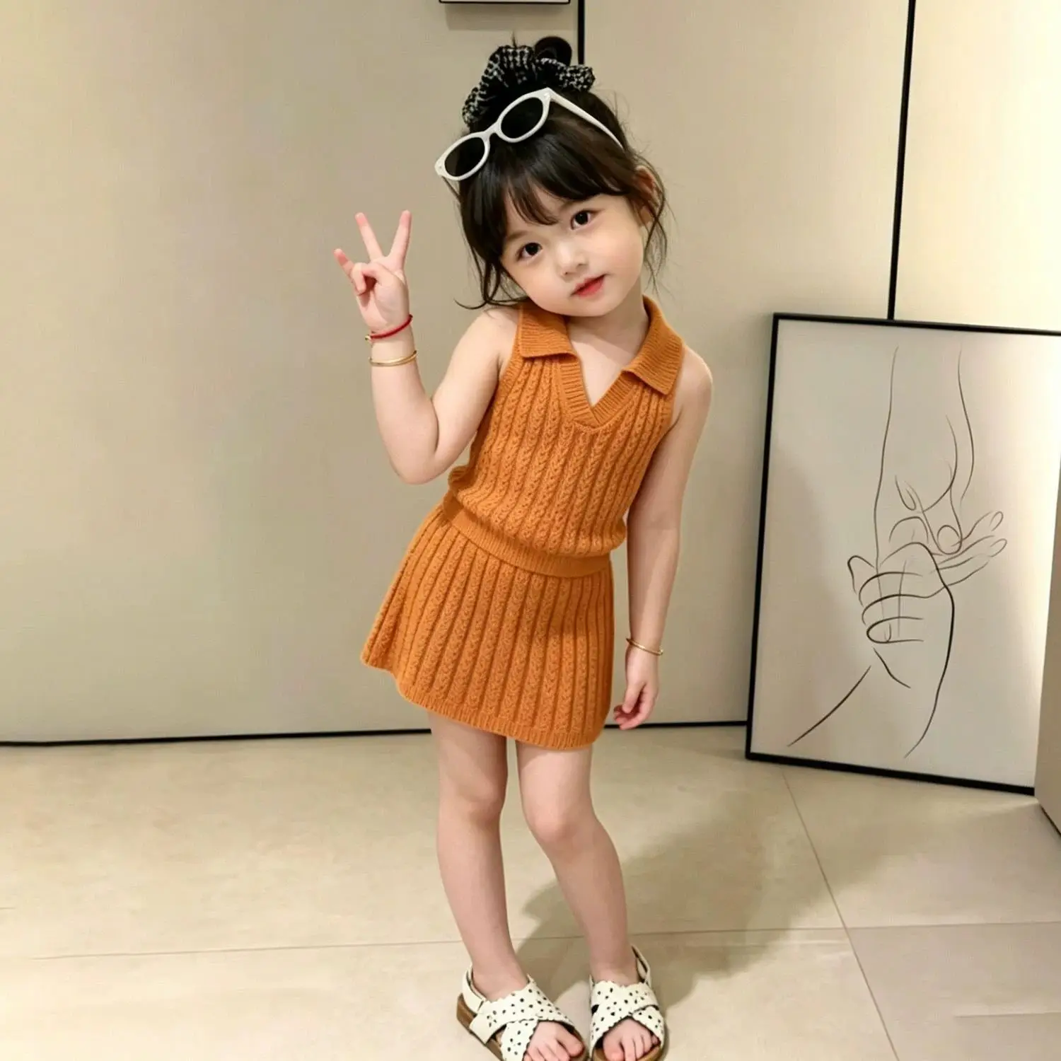Girls Summer Hollow Thin Knitted Set 2026 New Girl Baby Turn-down Collar Tank Top Half Skirt Two Piece Set Trendy