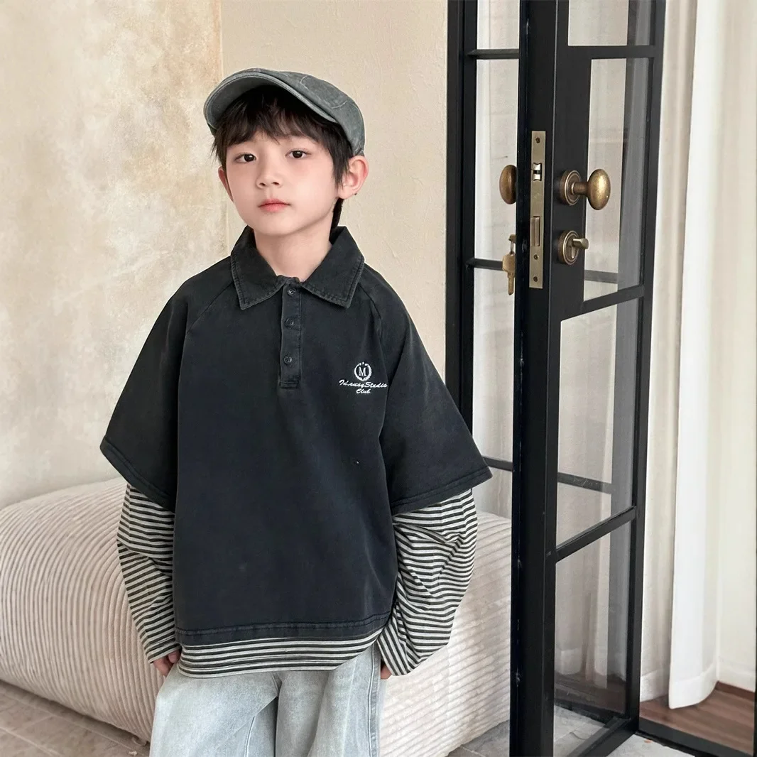 

2025 Spring New Korean Children's Fake Two Piece T-shirt for Boys and Girls Trendy Brand Fashion, Contrasting Colors Longer