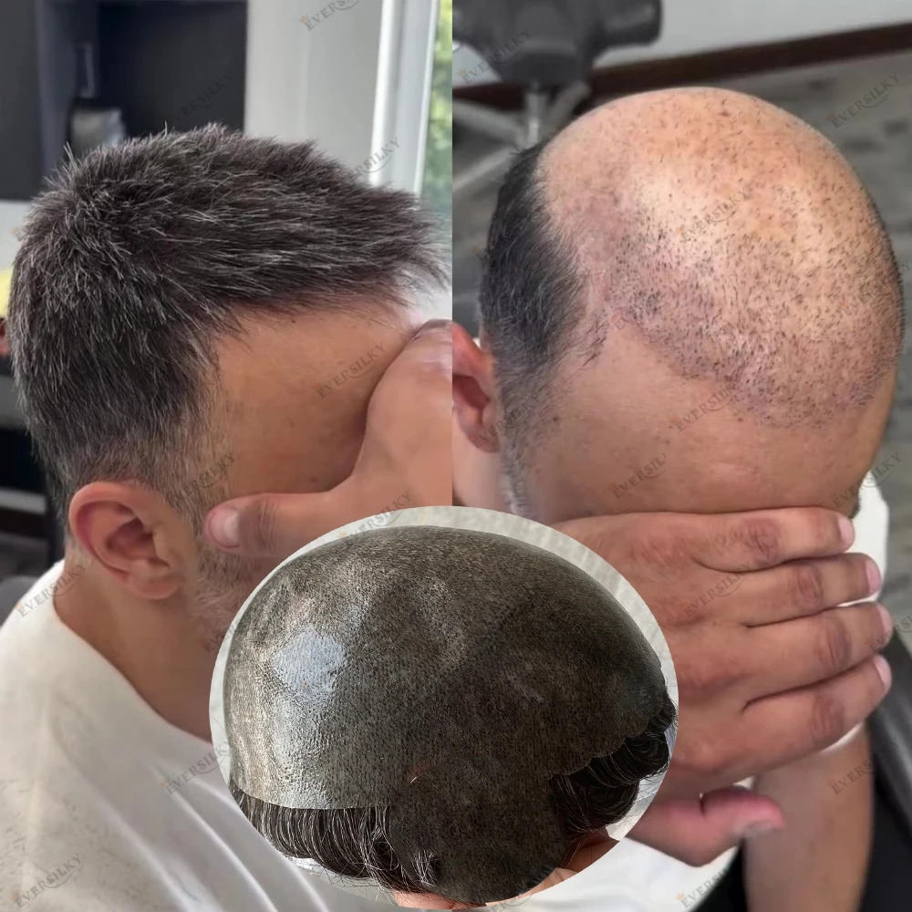 1B80 Men's Silver Grey Human Hair Cheapest Skin Toupee Natural Hairline Full Injection Poly Hair Replacement Prosthesis System
