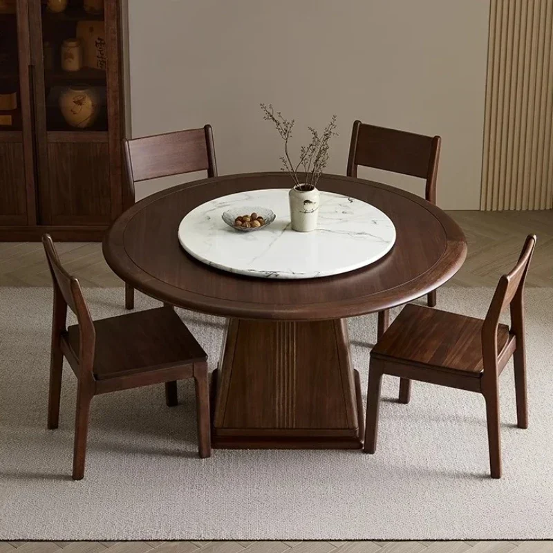 

Solid Wood Frame Table Combination Chair Minimalist Modern Dining Table Living Room Furniture Turntable Round Household Walnut
