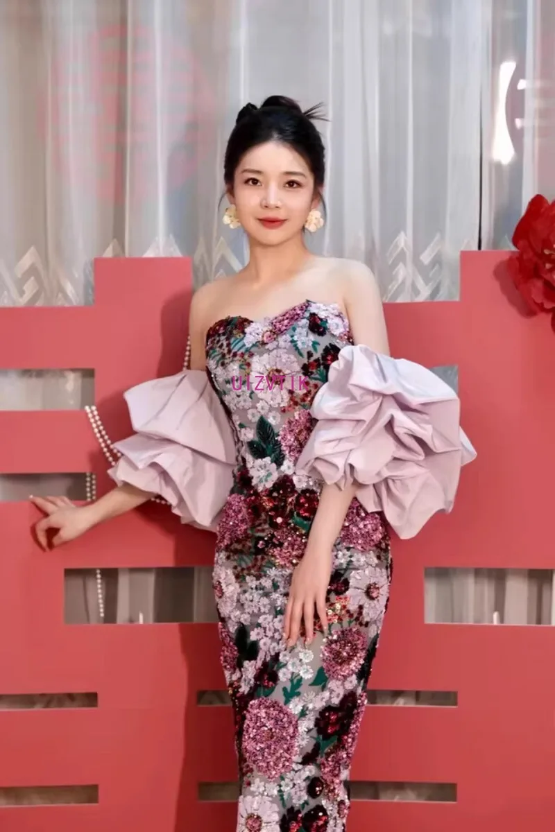 Elegant Embroidery Long Party Evening Dresses for Women New Puff Sleeves Sequined Prom Dress Vintage Strapless Wedding Dresses