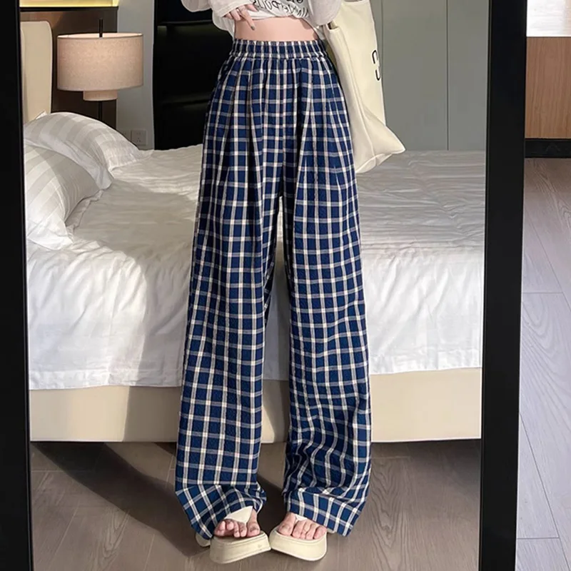Damen Karierte Designer-Hose mit Hoher Taille Weite Alltagshose für Mädchen Koreanische Mode Gerade Beinpassform