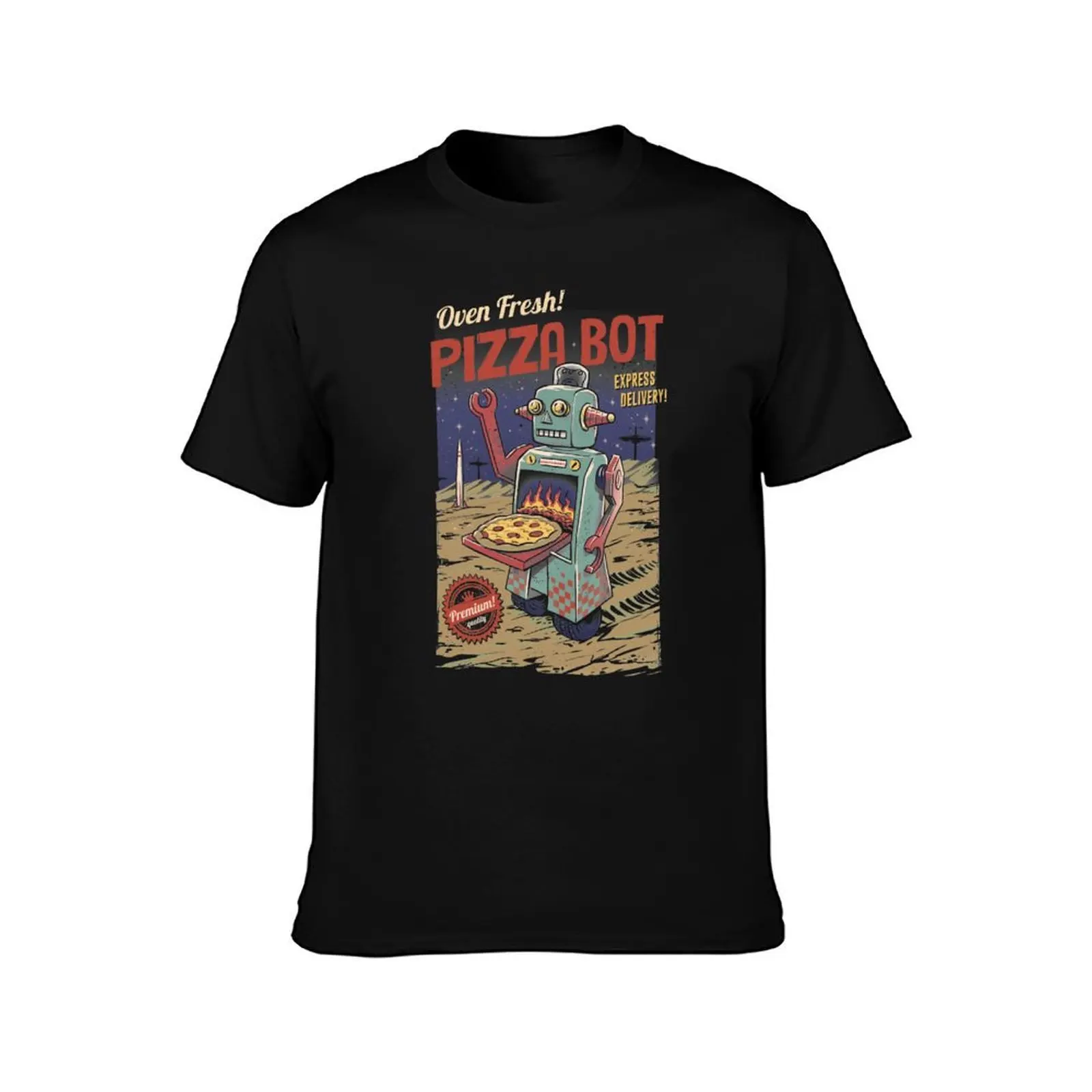 Pizza Bot T-Shirt, Summer Casual Cotton Tee, Oversized Streetwear Tops, Vintage Graphic Print, Loose Fit Short Sleeve