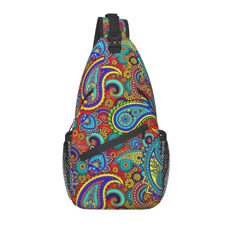 Cool Colorful Retro Paisley Pattern Crossbody Sling Backpack Men Boho Bohemian Floral Art Shoulder Chest Bags for Camping Biking