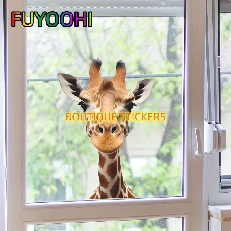 FUYOOHI Boutique Decal 3D Cute Giraffe Head Creative Window Film Sticker Animal Window Glass Static Home Decoration Stickers