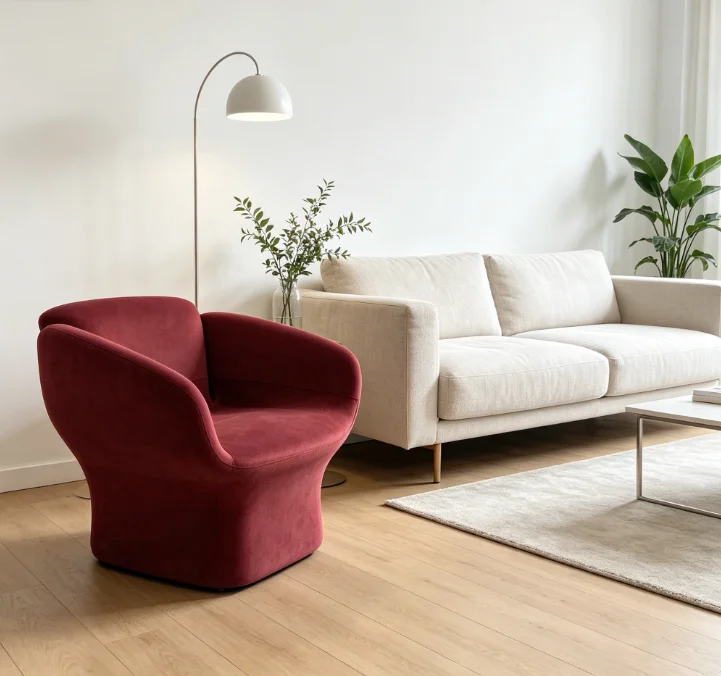 #Elegant Burgundy Single Lounge Chair, Sculptural Curved Design with Plush Velvet, Perfect for Elevating Home Decor