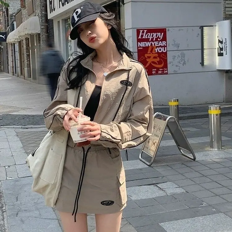 Summer Y2K Dress Sets Women Streetwear Two Piece Skirt Set Korean Style Long Sleeve Cropped Jacket Harajuku Girl Outfits