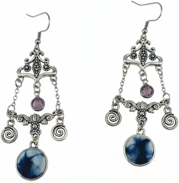 

Vintage Palace Dangle Earrings Antique Silver Metal Blue Tie Dye Fabric Spiral Handmade