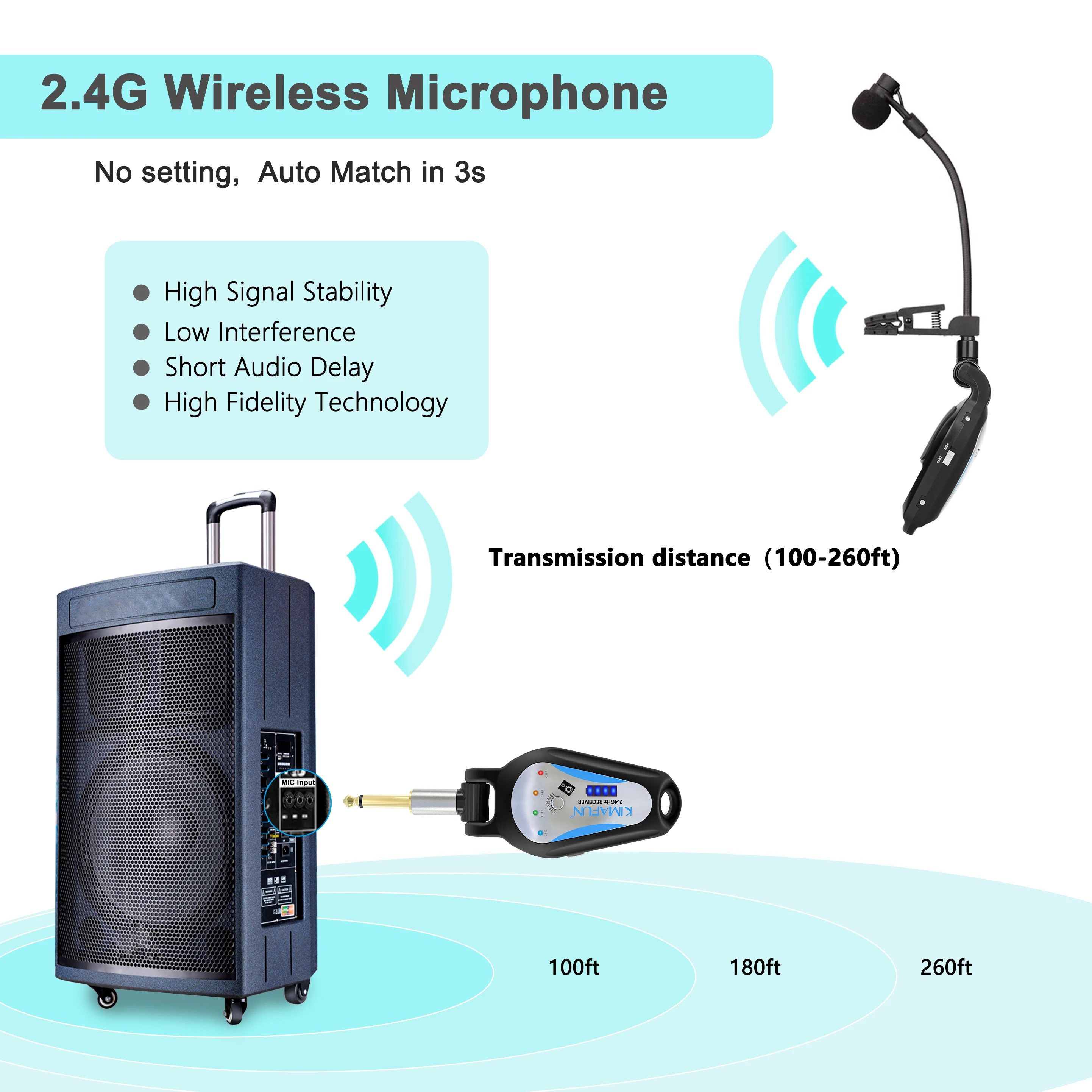 KIMAFUN microfono per sassofono tromba Wireless corno francese Tuba strumento musicale Mic esterno portatile per spettacoli teatrali
