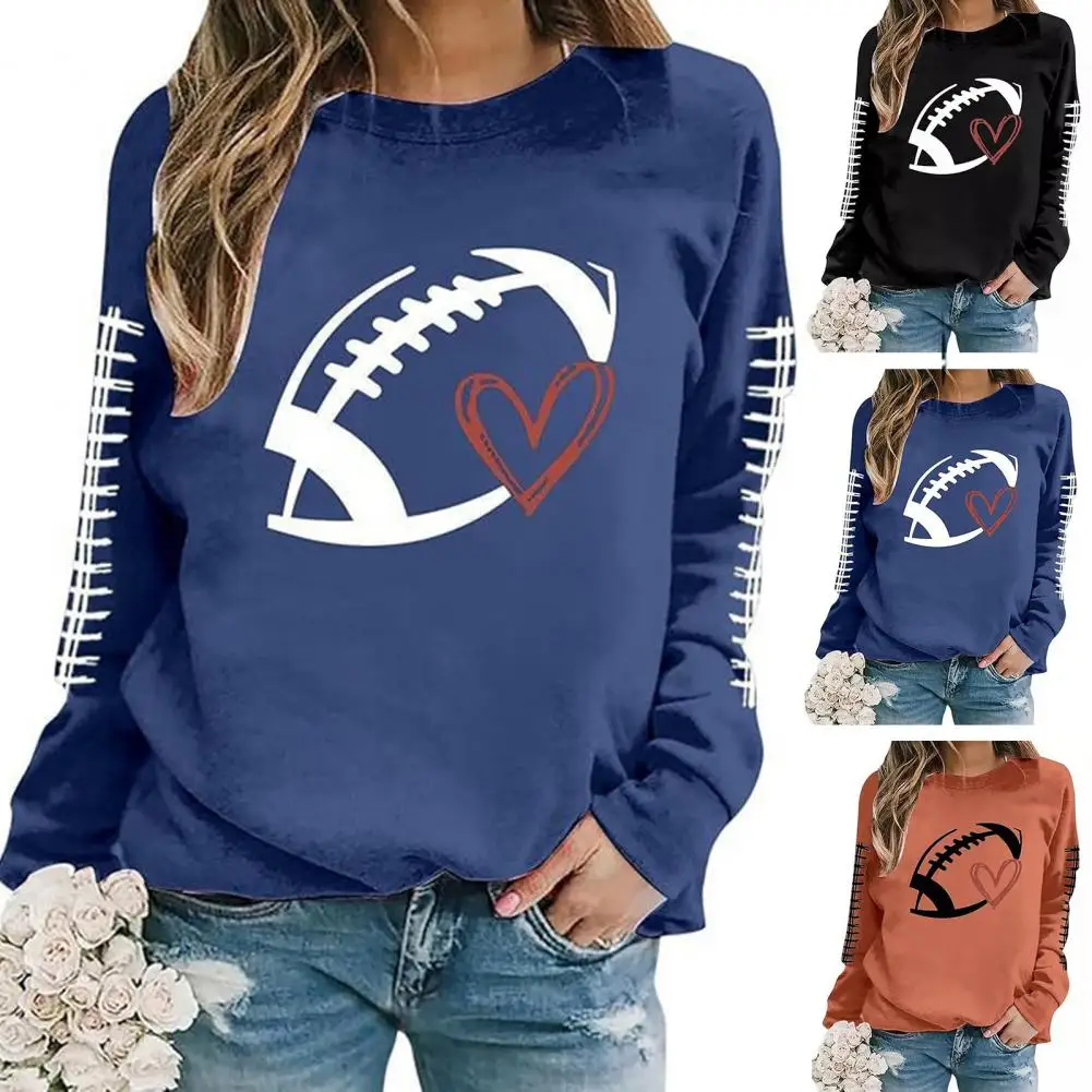 Spring Fall Women Sweatshirt Football Print Round Neck Elastic Cuffs Sweatshirt Loose Pullover School Commute Sweatshirt