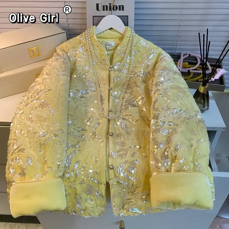 

Luxury Cotton Jacket for Women Coat Winter Clothing Loose Sequin Embroidery Fashion Stand Up Collar Tang Style Top
