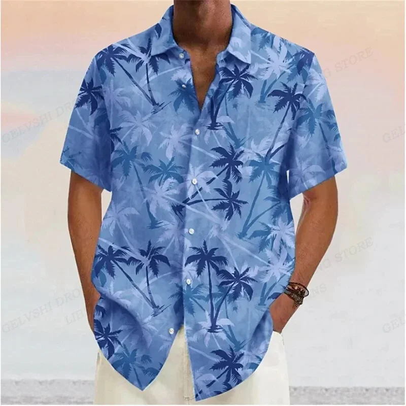 

Summer Men Hawaiian Shirts Coconut Tree Lapel Camisas Men Fashion Short Sleeve Shirt Floral Blouse Turn Over Collar Clothes Male