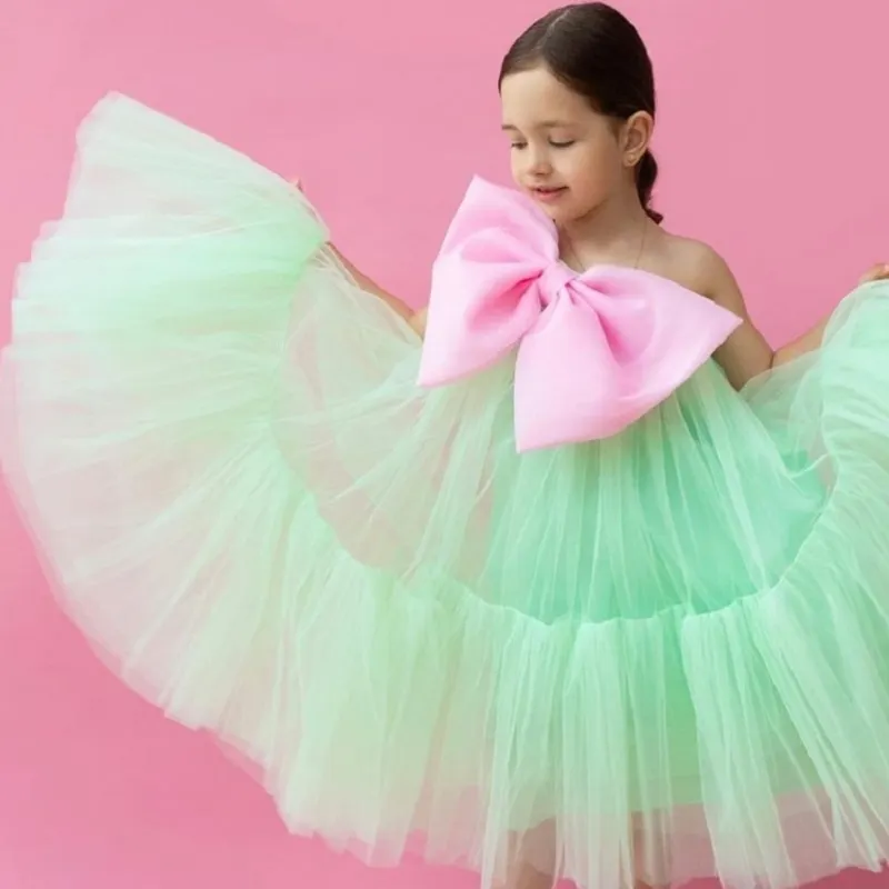 Fashion Baby Girl Princess Big Bow Tutu Dress Off Shoulder Toddler Teen Child Tulle Vestido Bow Party Pageant Birthday 2-12Y