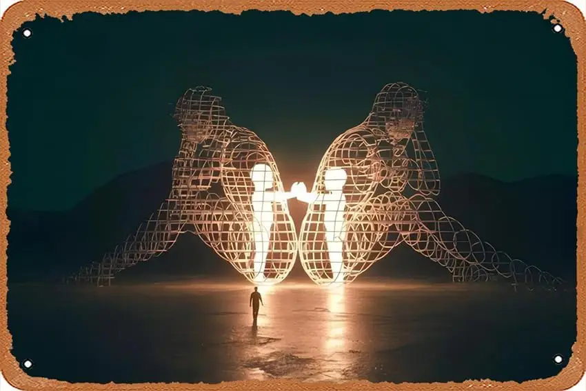 Inner Child Sculpture, Burning Man Sculpture, night lights , Inner Child Glowing, Canvas Art, Two People Turning Their Back sign