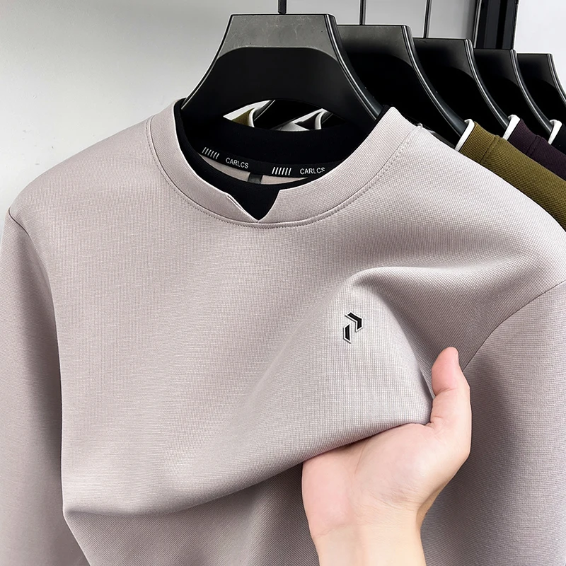 High Quality Fashion V-shaped spliced round neck sweater men's new trend embossed design warm comfortable warm knitted pullover