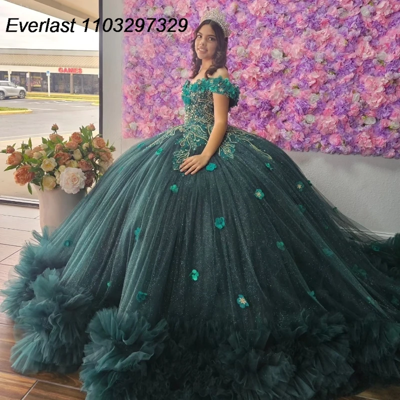 

EVLAST Glitter Emerald Green Quinceanera Dress Ball Gown Floral Applique Beading Ruffles Sweet 16 Vestido De 15 Anos TQD374