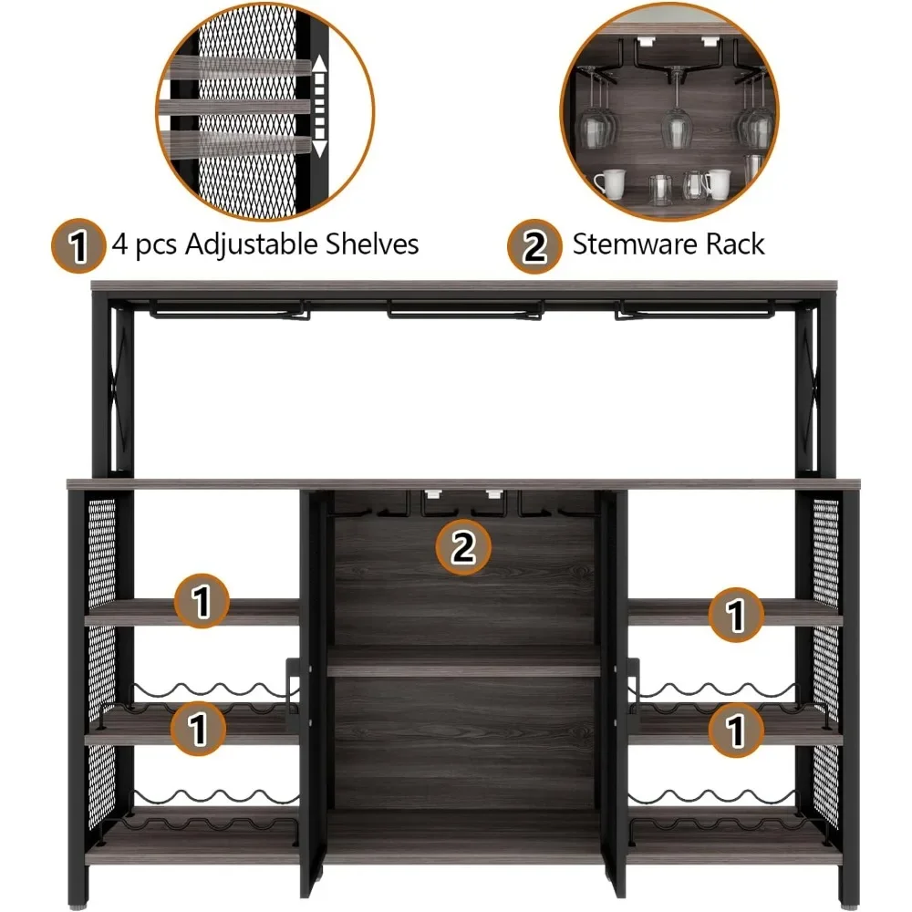 Armário de bar de vinho, armário de bar de café industrial de 55 polegadas com rack de vinho e suporte de vidro, armário de buffet de aparador de cozinha