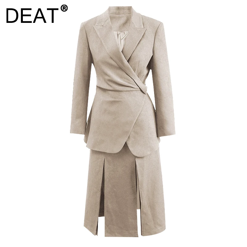 

DEAT Fashion Women's 2 Pcs Set Notched Collar Folds irregular Blazer Split Irregular Hem Skirt Suit Autumn 2024 New Tide CPDB080