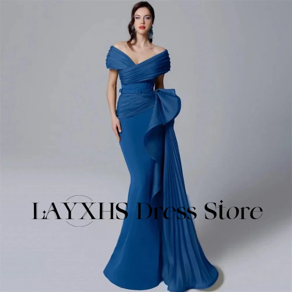 

LAYXHS Formal Off the shoulder Evening Dresses Blue Mermaid Ruffle Pleat Floor-Lenght Prom Dresses Customized فساتين سهرة
