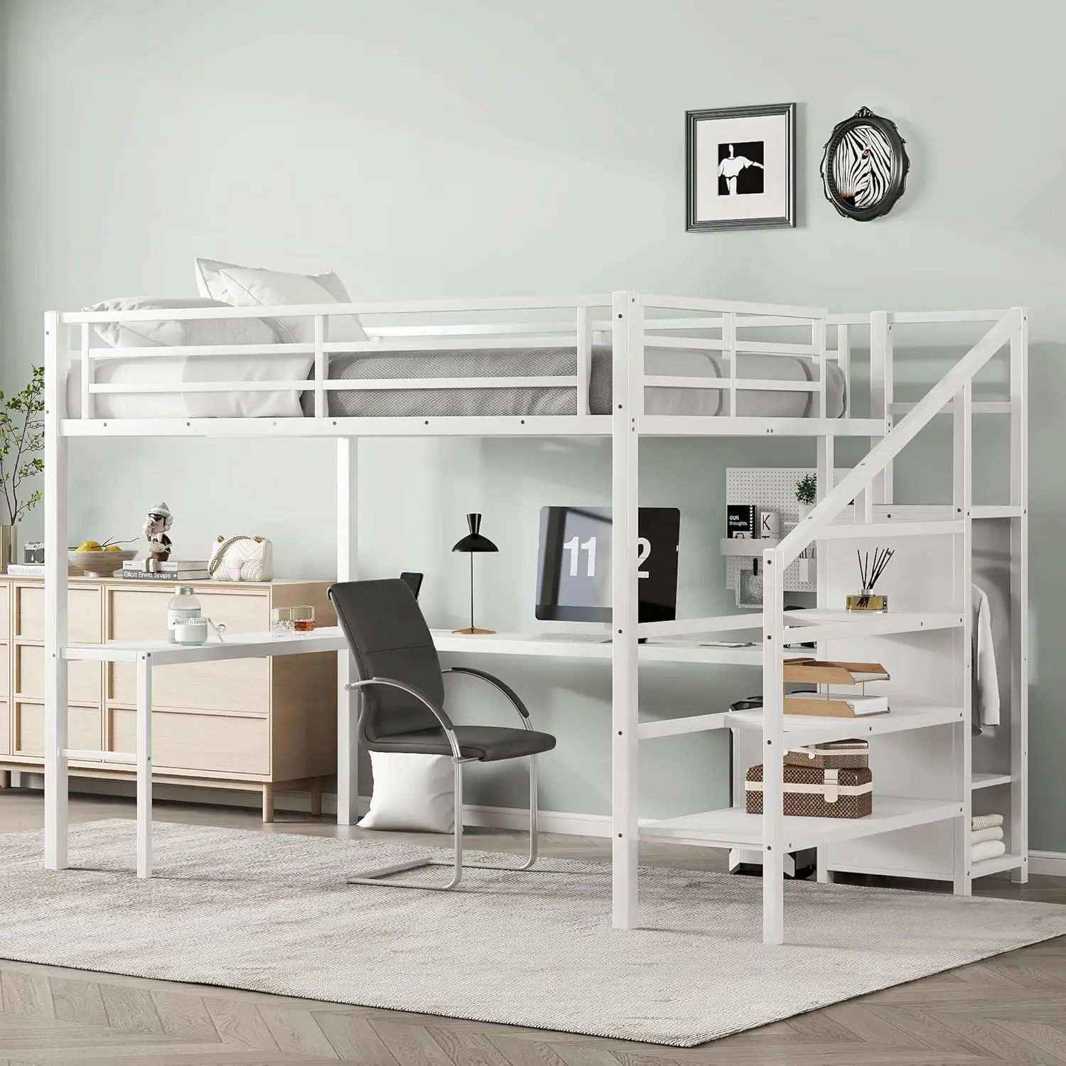 

Queen Size Loft Bed with LED Lights & USB Ports, Heavy Duty Metal Loft Bed with L Shaped Desk & Storage Stairs, Space Saving